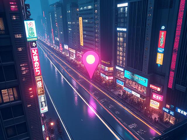 Kitsune Fortuneの東京渋谷オフィスへの地図。活気ある都市の夜景が描かれている。