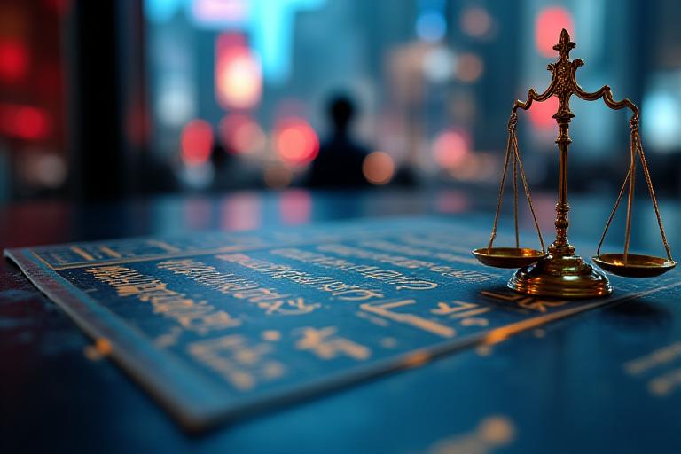 法律書と日本の街並みが融合し、業界の規制と未来を示唆するビジュアル